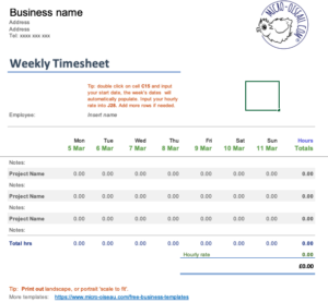 Weekly Timesheet Template | Micro Oiseau 'How to Begin A Business'
